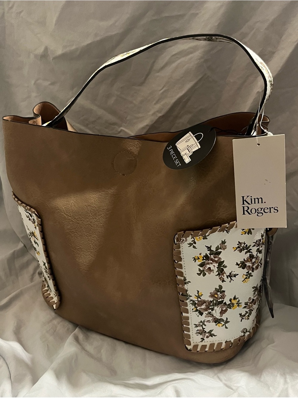 Kim Rogers Tan Tote with Cream Floral Accent Panels